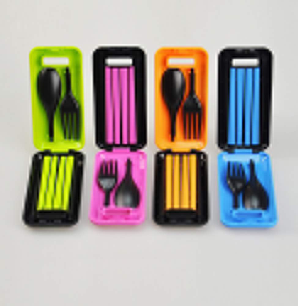 Portable Flatware Fork Spoon Chopsticks Set, Travel Camping Cutlery Set with Box, Picnic Foldable Lunch Box Utensils 3 Pieces-1 Set