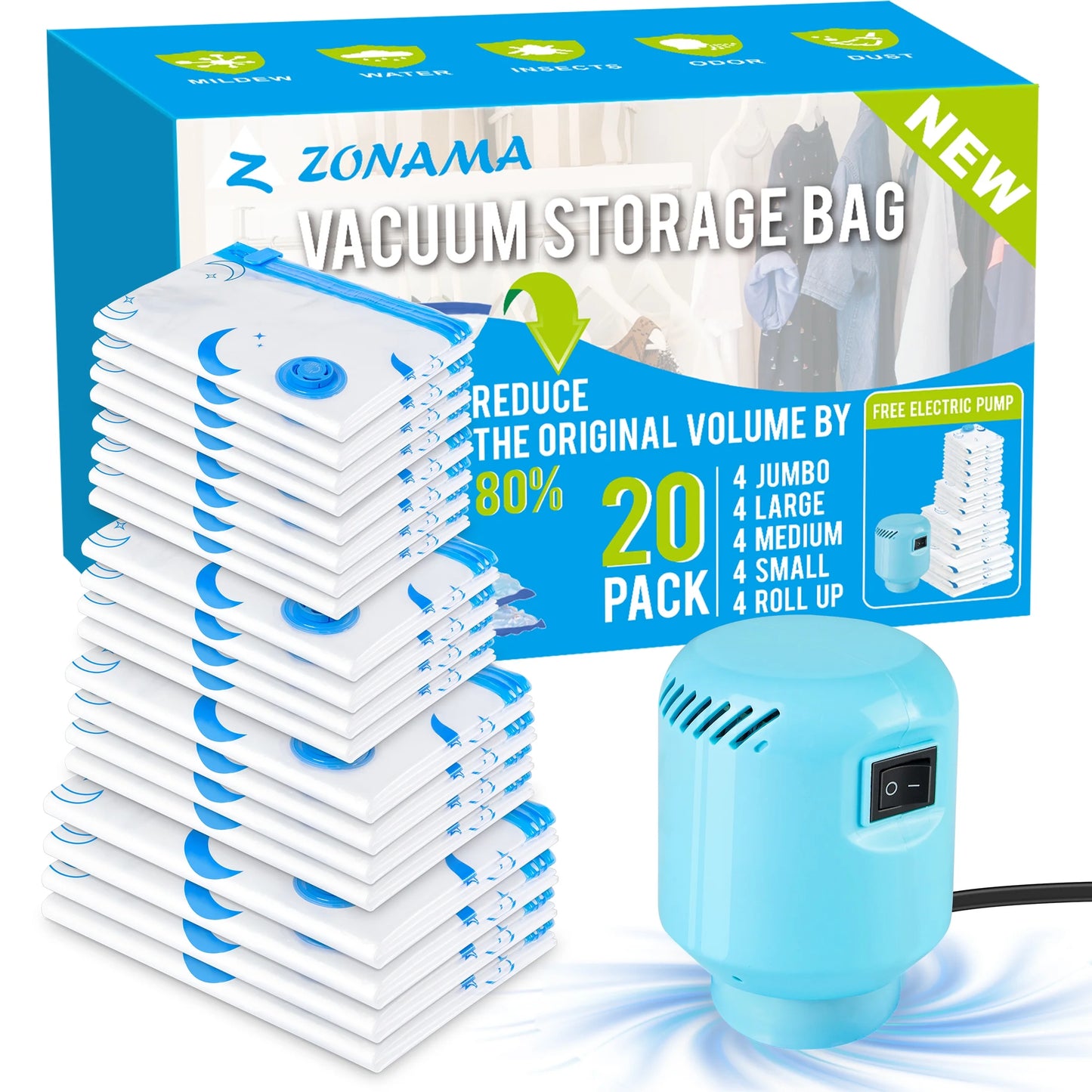 Vacuum Storage Bags, 20 Combo Vacuum Cleaners Seal Bags with Electric Pump , Reusable Vacuum Compression Space Saving Bag for Travel Moving Blanket Duvets Pillows Quilt