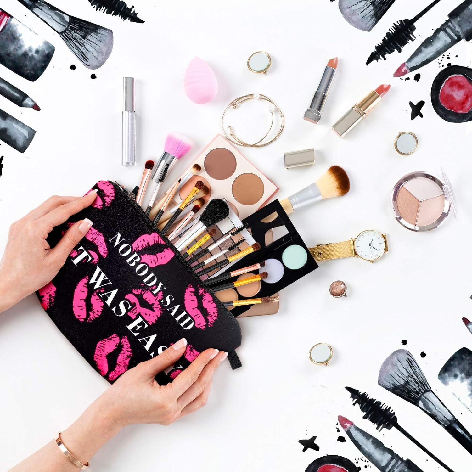 Boao 10-Piece Stylish Makeup & Travel Organizer Set – Zippered Cosmetic, Pencil & Toiletry Bags in Black, Gold & Pink – Perfect for Women, Gifts, Holidays & Travel