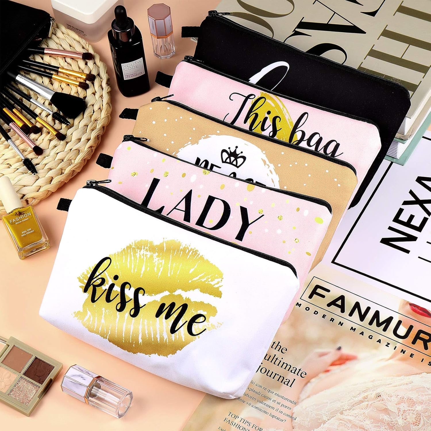 Boao 10-Piece Stylish Makeup & Travel Organizer Set – Zippered Cosmetic, Pencil & Toiletry Bags in Black, Gold & Pink – Perfect for Women, Gifts, Holidays & Travel