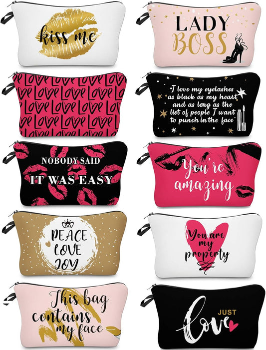 Boao 10-Piece Stylish Makeup & Travel Organizer Set – Zippered Cosmetic, Pencil & Toiletry Bags in Black, Gold & Pink – Perfect for Women, Gifts, Holidays & Travel