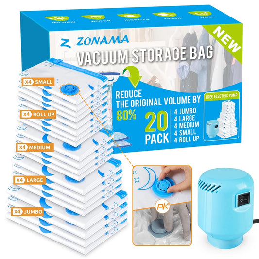 Vacuum Storage Bags, 20 Combo Vacuum Cleaners Seal Bags with Electric Pump , Reusable Vacuum Compression Space Saving Bag for Travel Moving Blanket Duvets Pillows Quilt